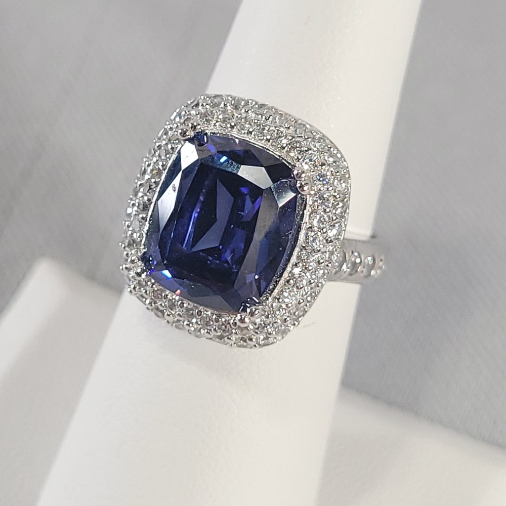 PAJ Halo Ring Womens Size 6 Silver Blue Sapphire CZ Double Halo Statement Ring